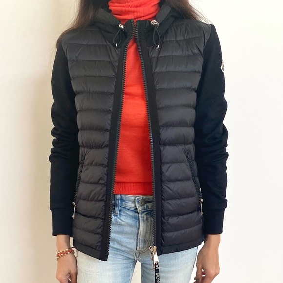 Black Moncler hooded cardigan puffer zip up sweater! Size Small. AMAZING staple!